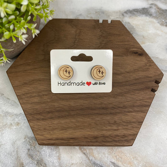 Wooden Stud Earrings - Moon & Stars