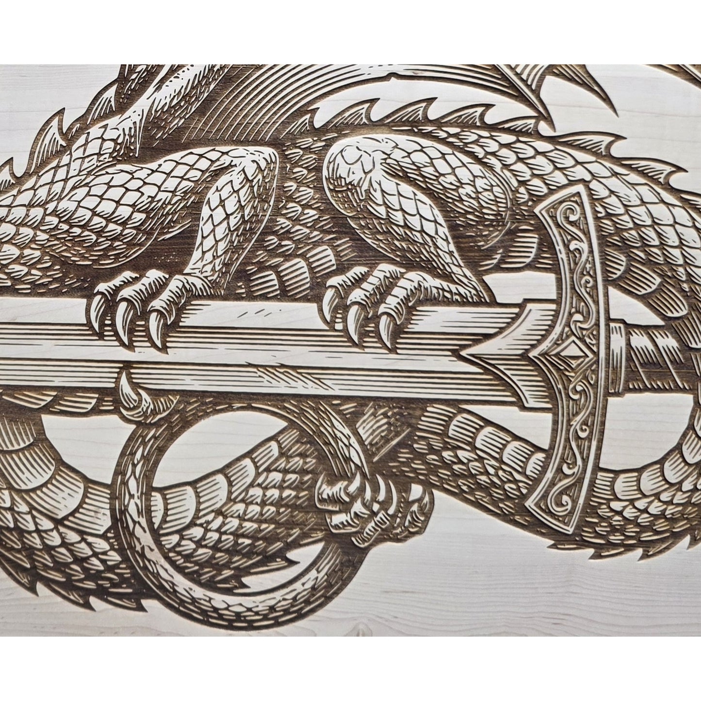 Handcrafted Engraved Dragon Sword Wall Art – Maple Wood Panel 17x36
