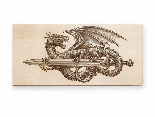 Handcrafted Engraved Dragon Sword Wall Art – Maple Wood Panel 17x36