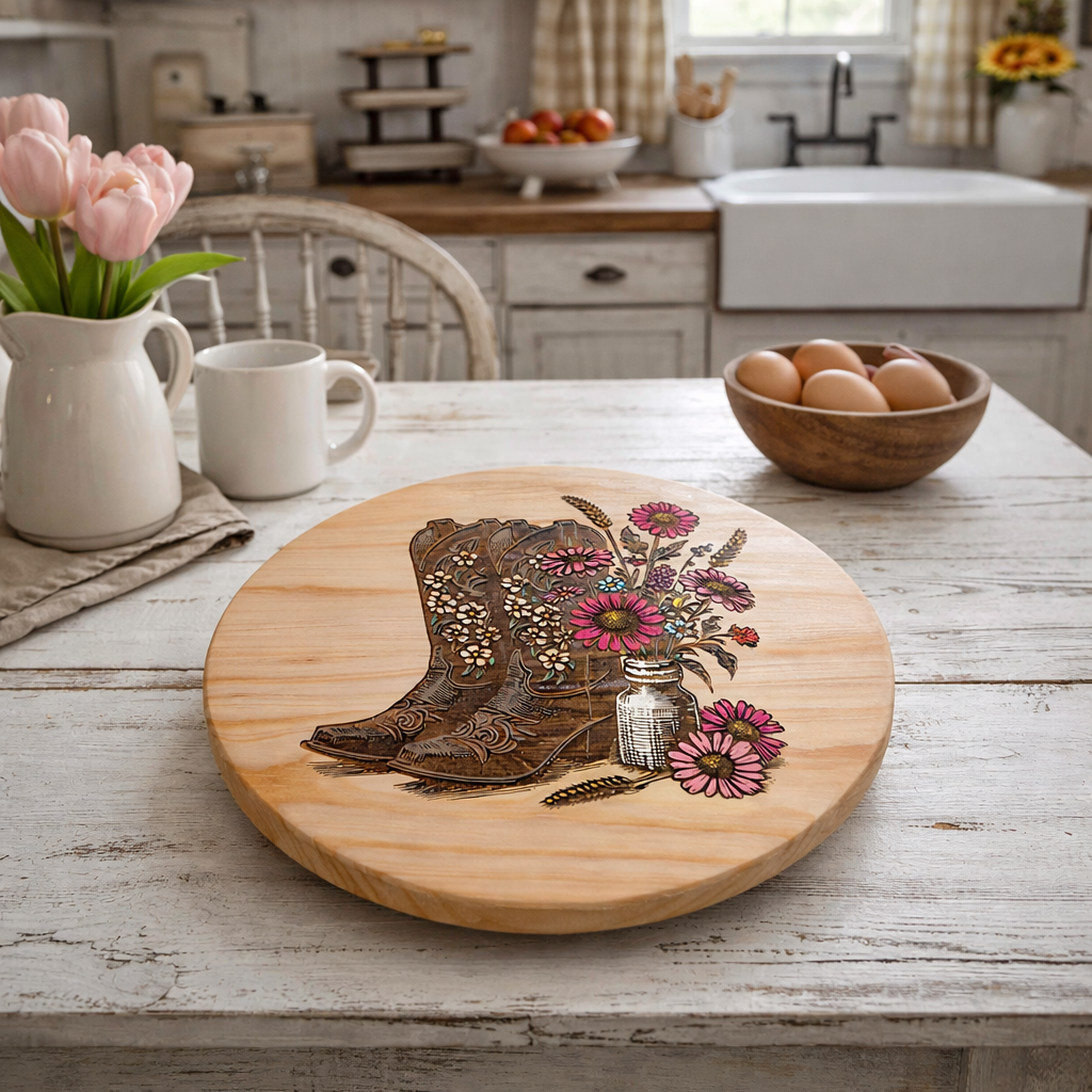 Hand-Painted Floral Cowboy Boot Lazy Susan or Wall Art – 12” Round Pine Wood Decor