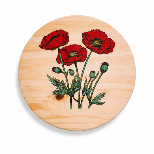Hand-Painted Red Poppy Lazy Susan or Wall Art – 12” Round Pine Wood Decor