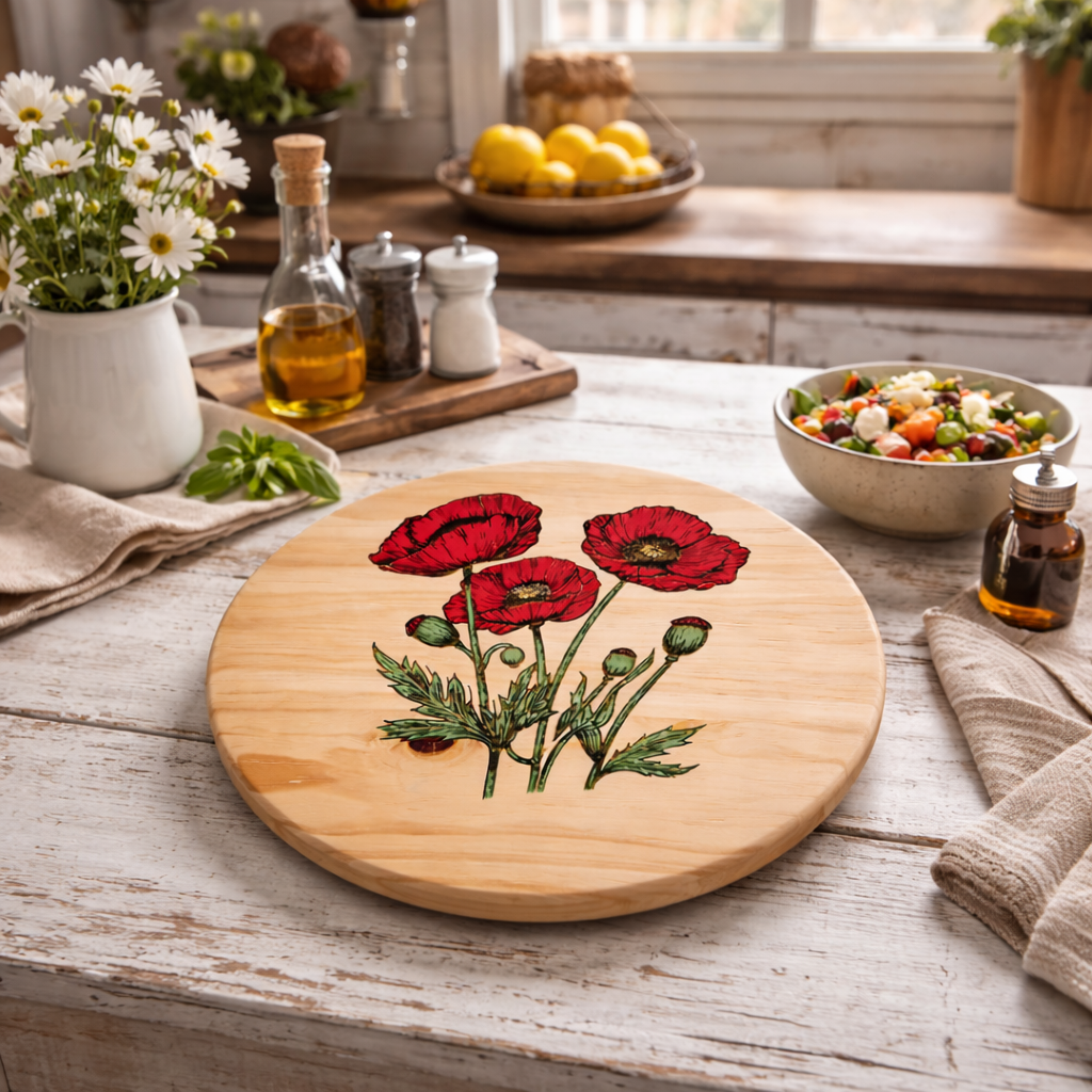 Hand-Painted Red Poppy Lazy Susan or Wall Art – 12” Round Pine Wood Decor