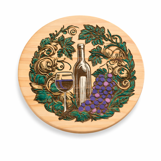 Hand-Painted Wine & Vineyard Lazy Susan or Wall Art – 12” Round Pine Wood Decor