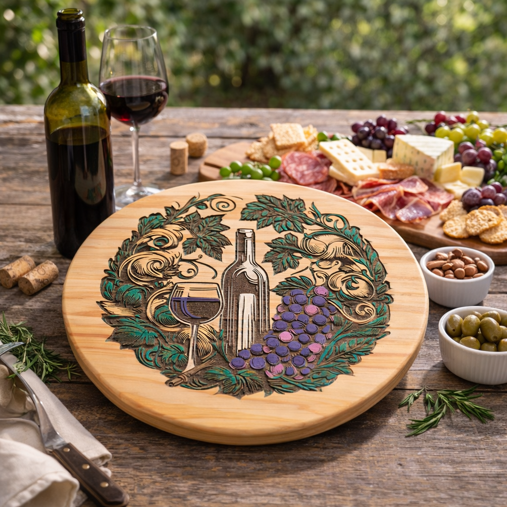 Hand-Painted Wine & Vineyard Lazy Susan or Wall Art – 12” Round Pine Wood Decor