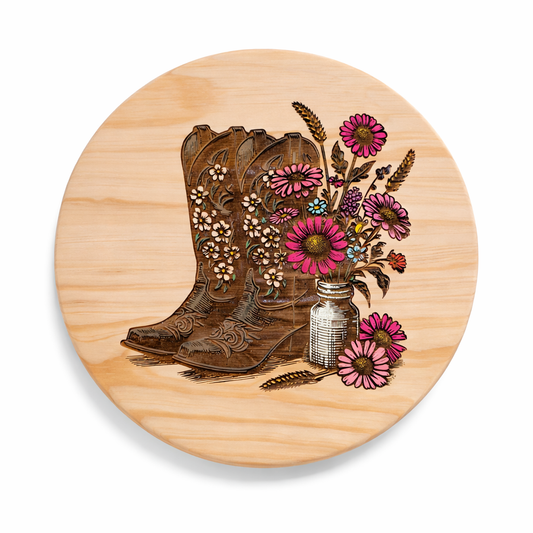Hand-Painted Floral Cowboy Boot Lazy Susan or Wall Art – 12” Round Pine Wood Decor