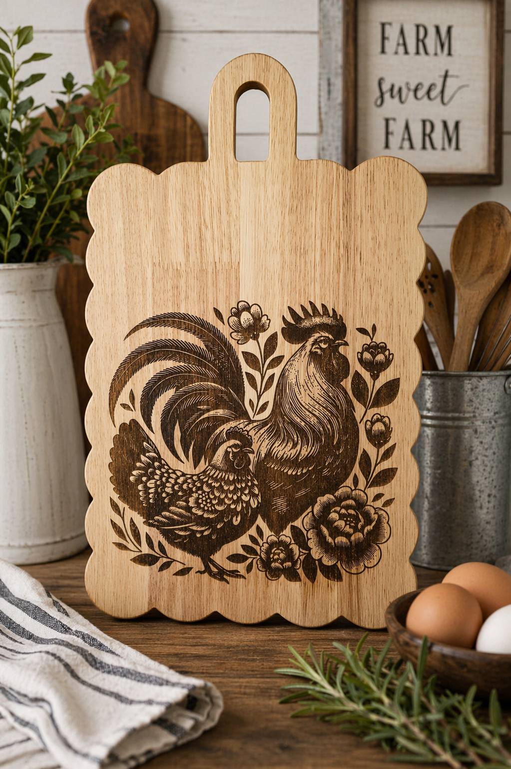 Farmhouse Chicken Cutting Board | Rooster & Hen Rustic Kitchen Decor