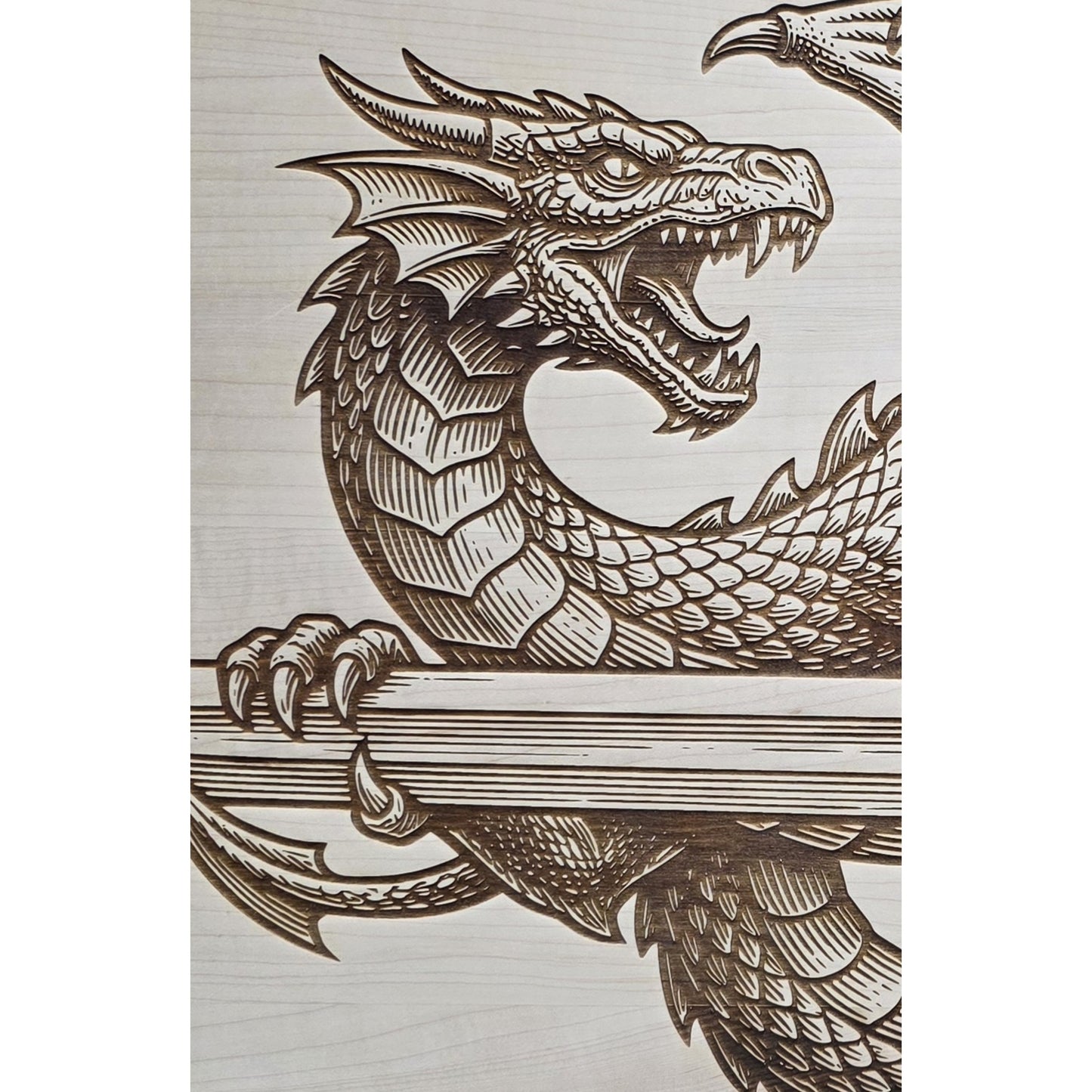 Handcrafted Engraved Dragon Sword Wall Art – Maple Wood Panel 17x36