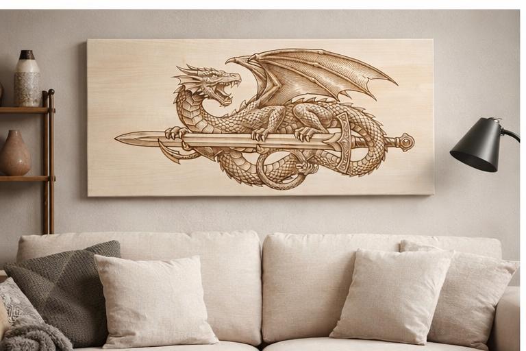 Handcrafted Engraved Dragon Sword Wall Art – Maple Wood Panel 17x36