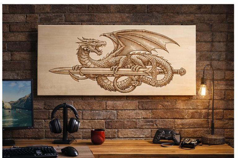 Handcrafted Engraved Dragon Sword Wall Art – Maple Wood Panel 17x36