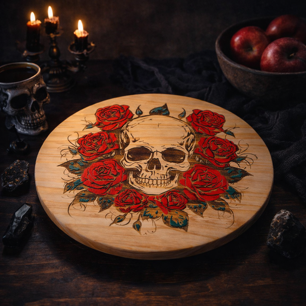 Hand-Painted Skull & Rose Lazy Susan or Wall Art– 12” Round Pine Wood Decor