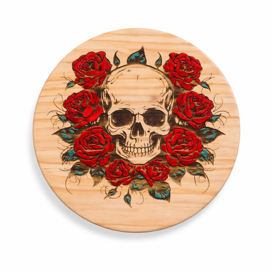 Hand-Painted Skull & Rose Lazy Susan or Wall Art– 12” Round Pine Wood Decor