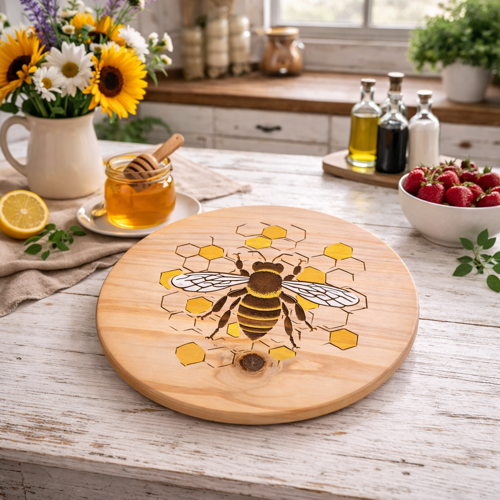Hand-Painted Honey Bee Lazy Susan or Wall Art – 12” Round Pine Wood Decor