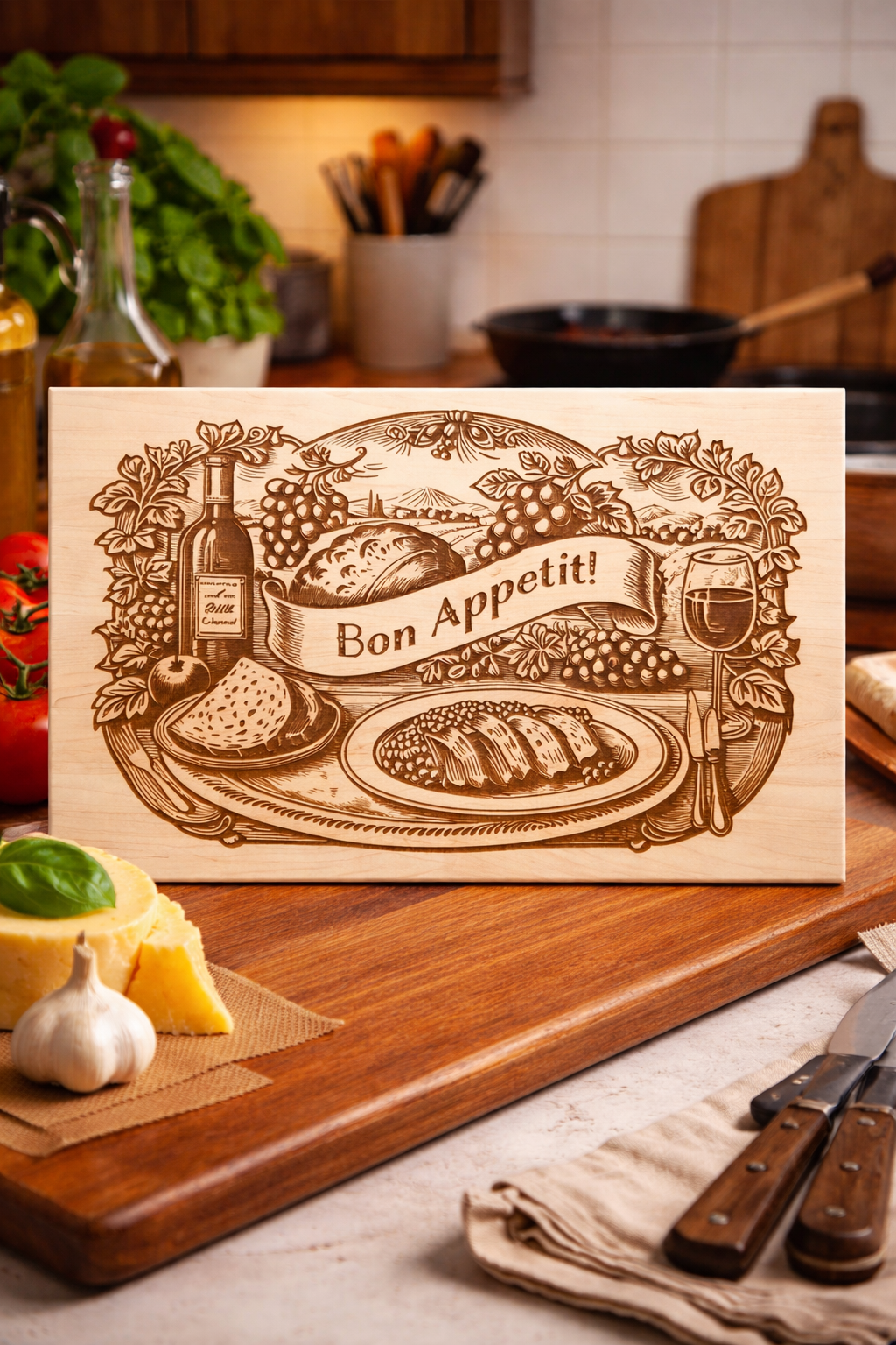 Bon Appetit! Maple Wood Serving Board – 19x12 Handmade Cutting Board | Rustic Kitchen Decor | Charcuterie Board