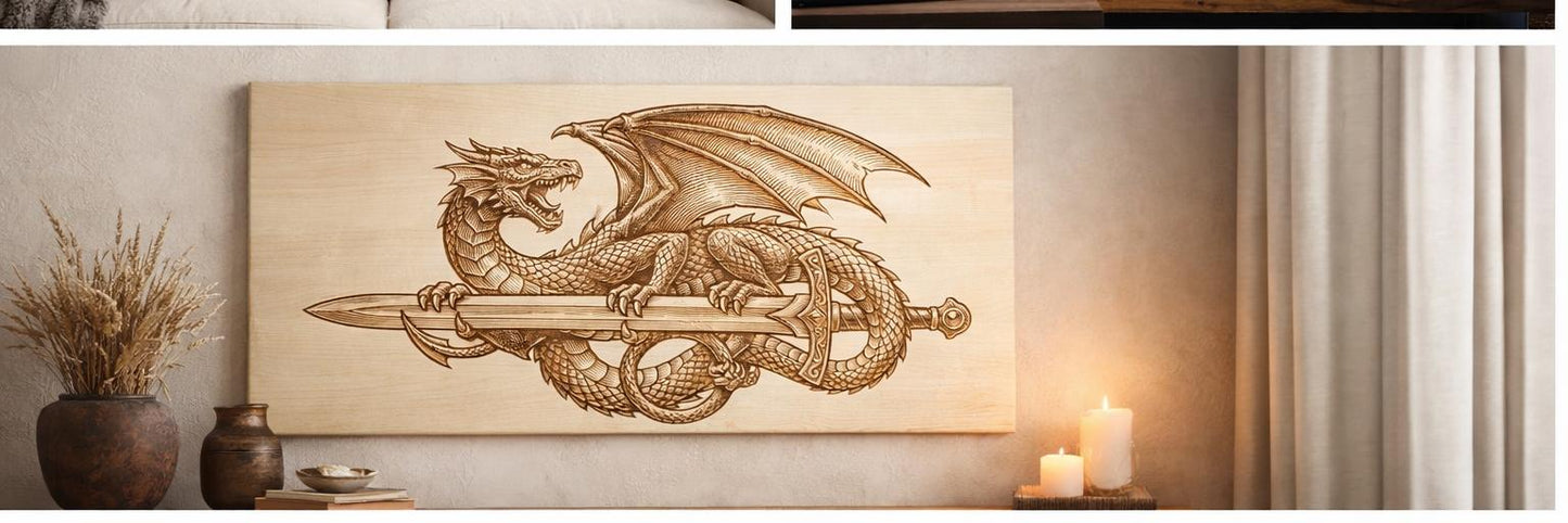 Handcrafted Engraved Dragon Sword Wall Art – Maple Wood Panel 17x36
